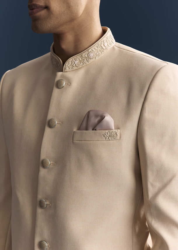 Peach Viscose Jodhpuri Suit For Men With Hand Embroidery Peach Viscose Jodhpuri Suit For Men With Hand Embroidery