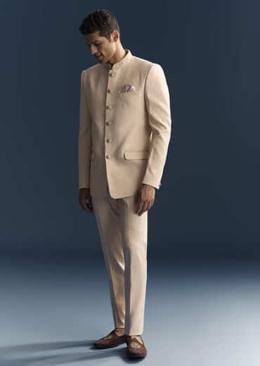 Peach Viscose Jodhpuri Suit For Men With Hand Embroidery
