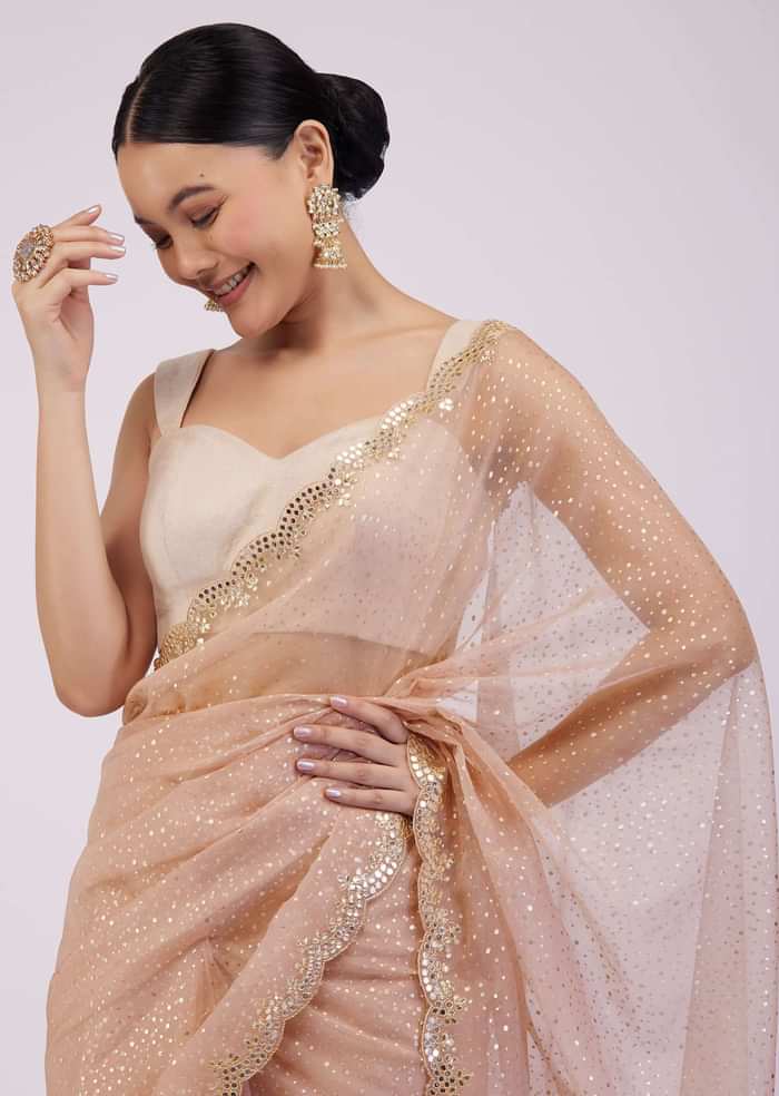 Powder Pink Saree In Organza With Foil Print And Embroidery