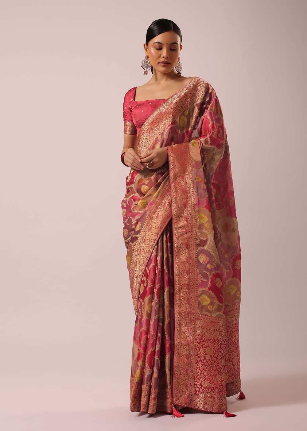Peach Woven Rangkat Saree In Brocade Silk And Satin