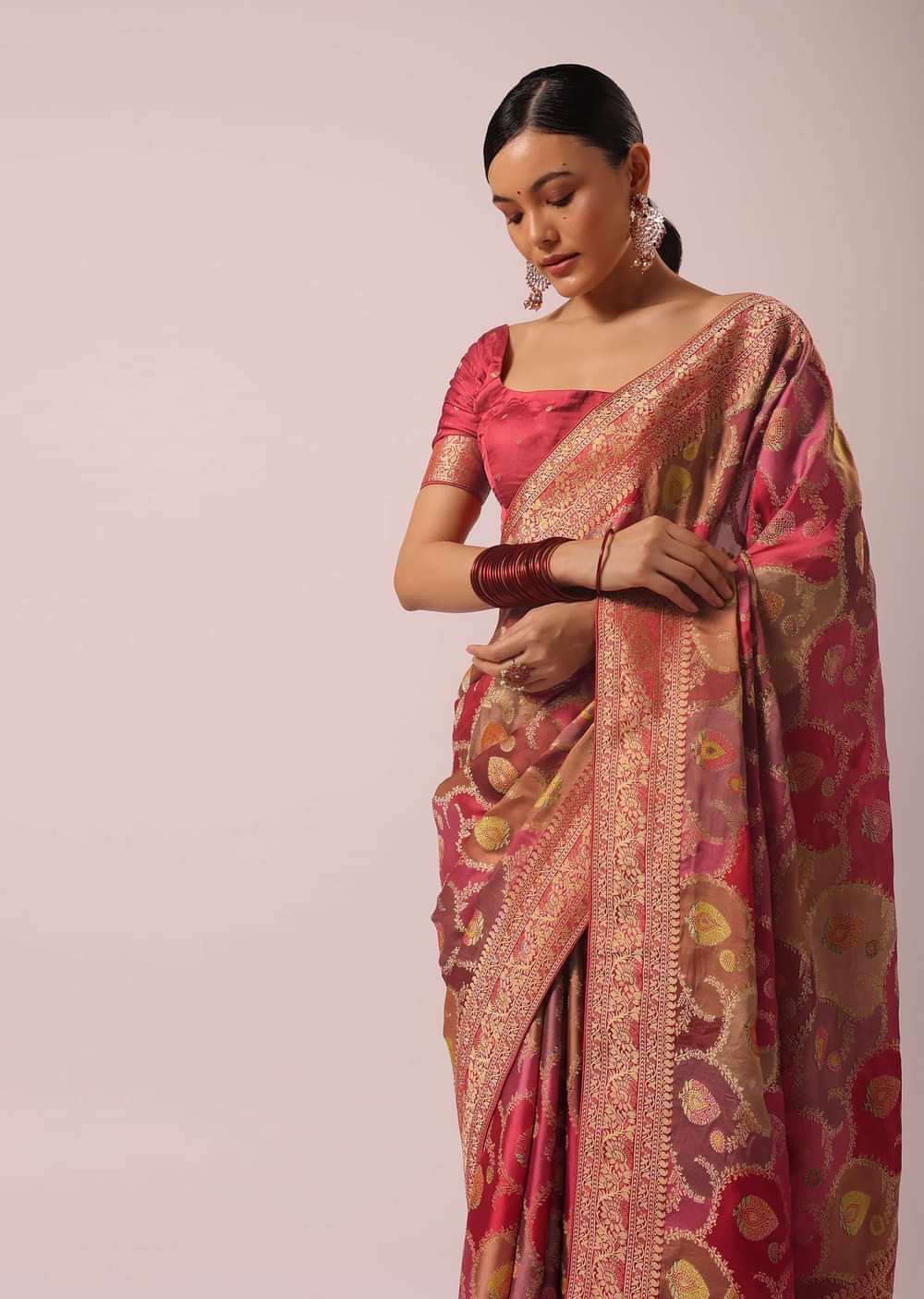 Peach Woven Rangkat Saree In Brocade Silk And Satin