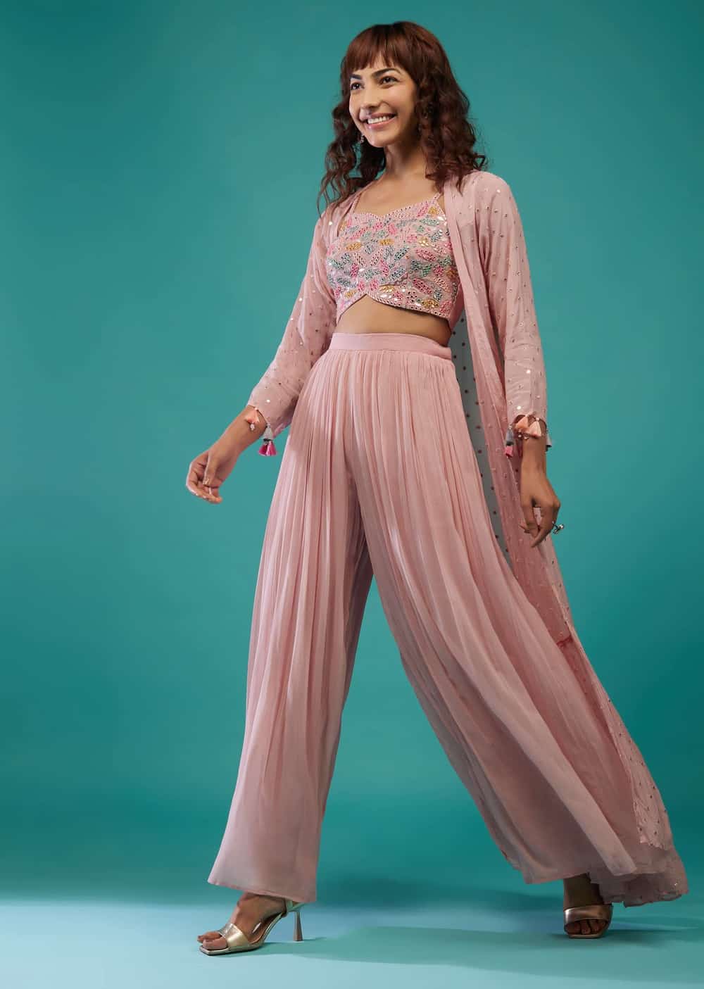 Buy Petal Pink Georgette Palazzo Crop-Top Set With Embroidery