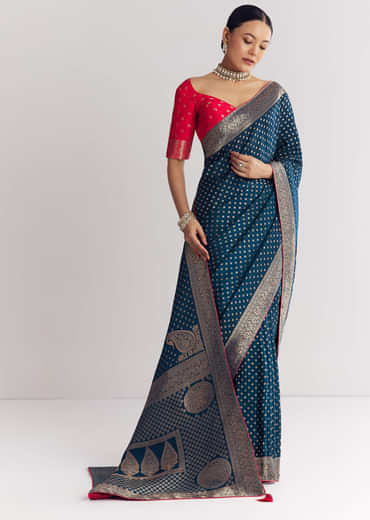 Peacock Blue Dola Silk Saree With Butti Work