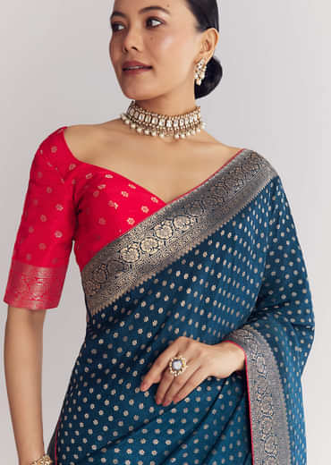 Peacock Blue Dola Silk Saree With Butti Work