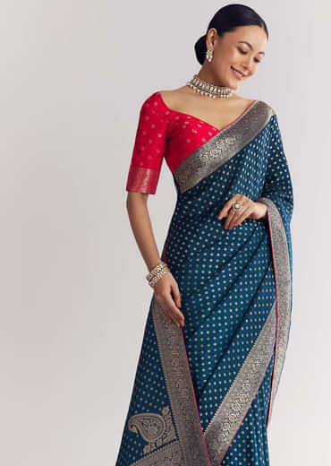 Peacock Blue Dola Silk Saree With Butti Work