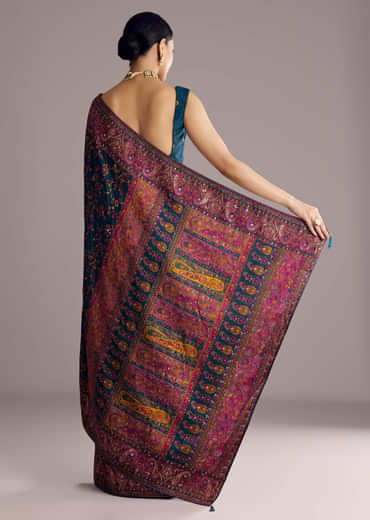 Peacock Blue Dola Silk Saree With Floral Jaal Weave