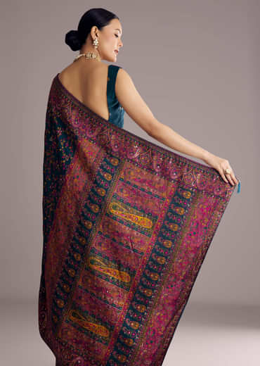 Peacock Blue Dola Silk Saree With Floral Jaal Weave
