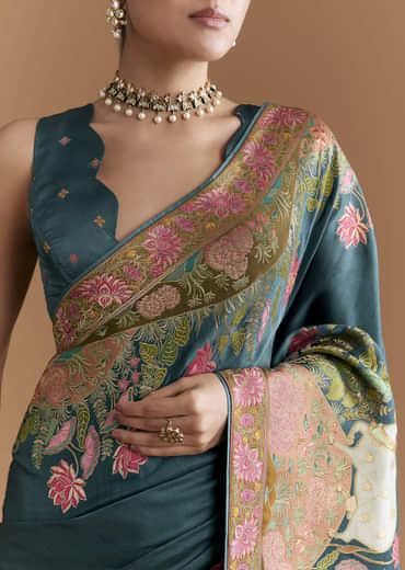 Peacock Blue Dola Silk Saree With Pichwai Weave And Embroidery