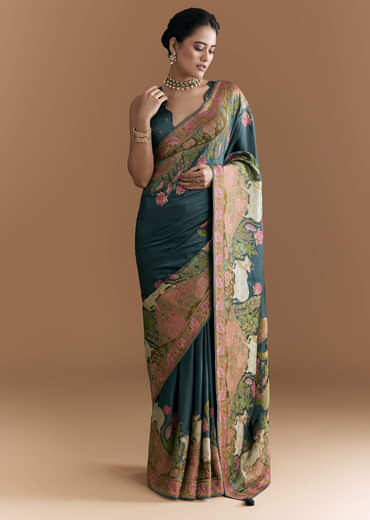 Peacock Blue Dola Silk Saree With Pichwai Weave And Embroidery