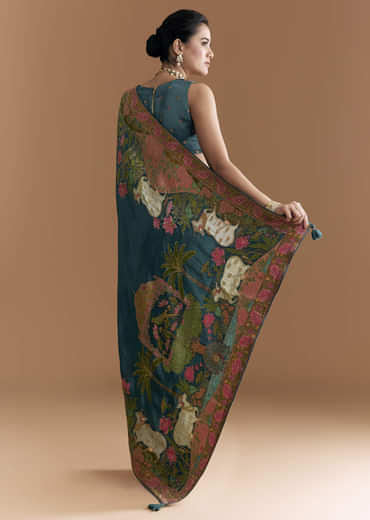 Peacock Blue Dola Silk Saree With Pichwai Weave And Embroidery