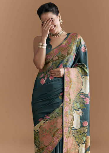 Peacock Blue Dola Silk Saree With Pichwai Weave And Embroidery