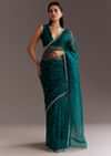 Teal Green Glass Tissue Saree With Cutdana And Sequins Scallop Border