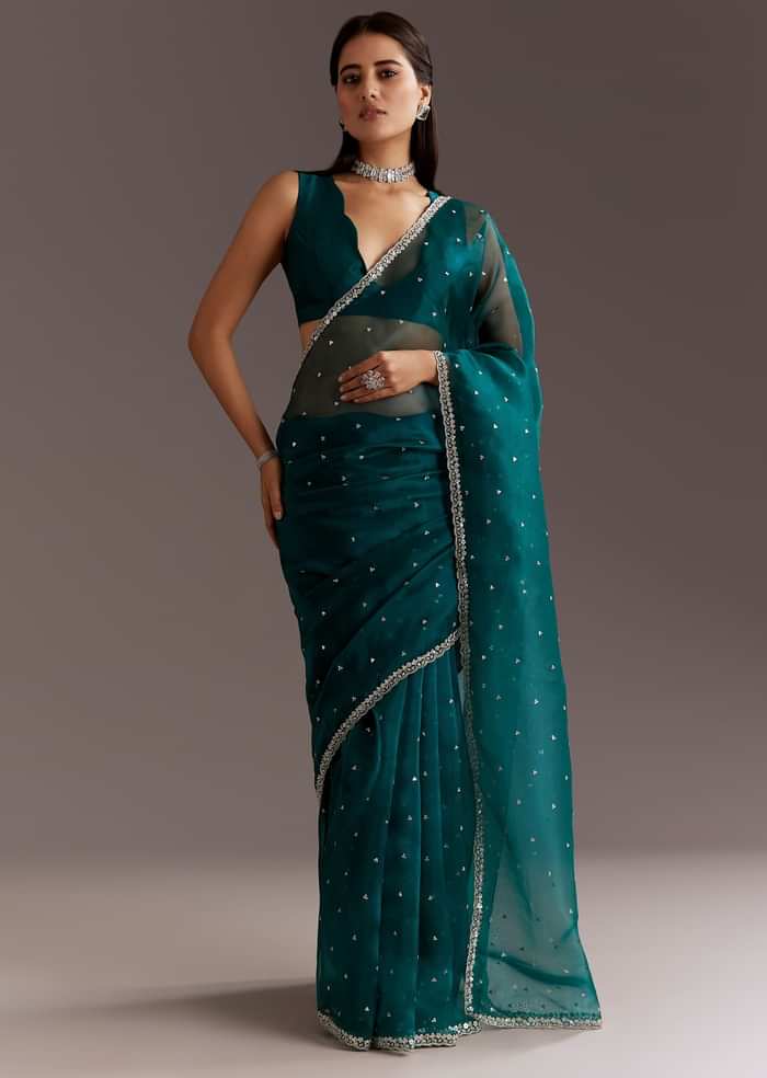 Teal Green Glass Tissue Saree With Cutdana And Sequins Scallop Border