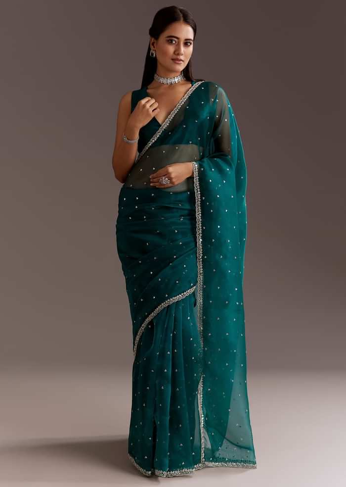 Teal Green Glass Tissue Saree With Cutdana And Sequins Scallop Border