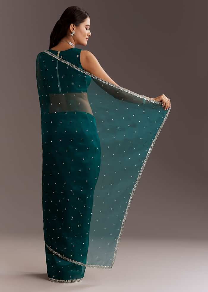Teal Green Glass Tissue Saree With Cutdana And Sequins Scallop Border