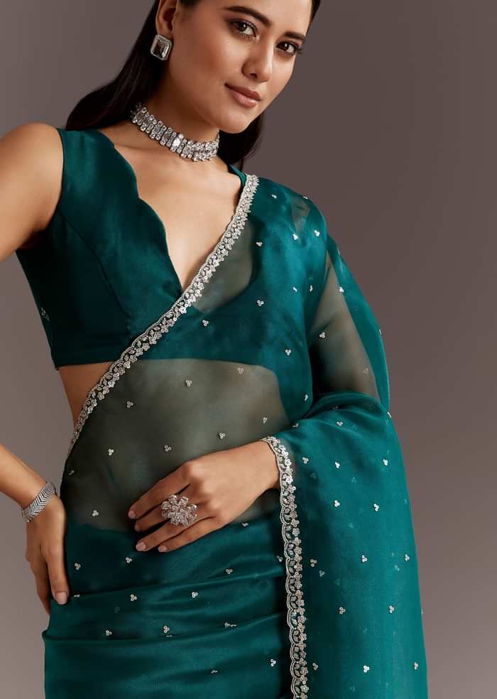 Teal Green Glass Tissue Saree With Cutdana And Sequins Scallop Border