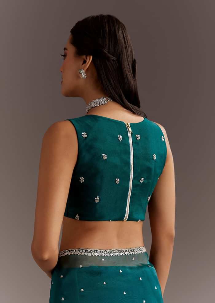 Teal Green Glass Tissue Saree With Cutdana And Sequins Scallop Border