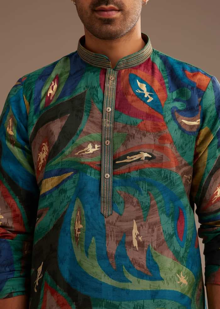Peacock Blue Multi Color Silk Abstract Printed Kurta Set