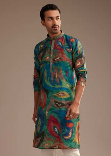 Peacock Blue Multi Color Silk Abstract Printed Kurta Set
