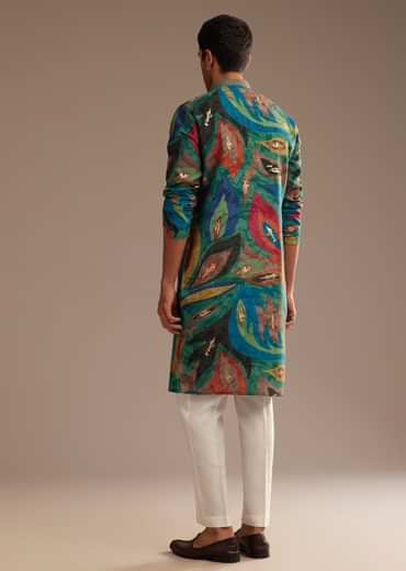Peacock Blue Multi Color Silk Abstract Printed Kurta Set