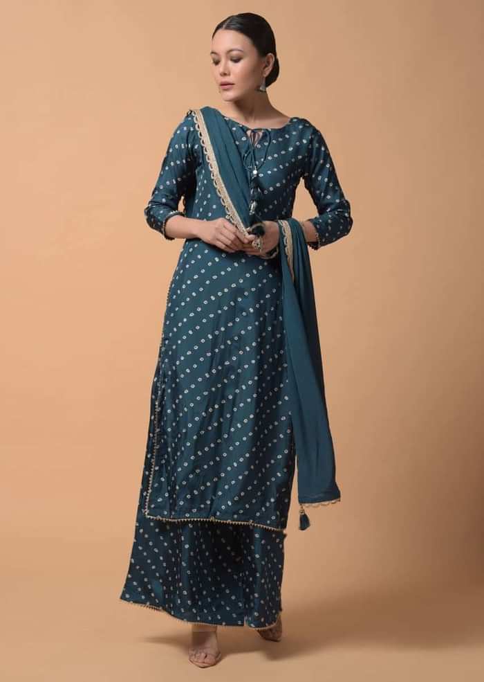 Peacock Blue Palazzo Suit In Satin Silk With Bandhani Print All Over Online - Kalki Fashion