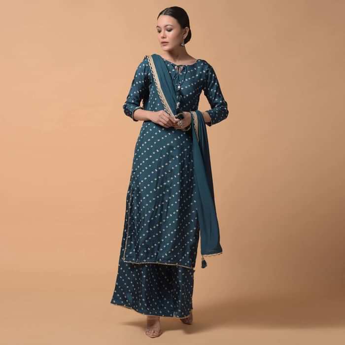 Peacock Blue Palazzo Suit In Satin Silk With Bandhani Print All Over Online - Kalki Fashion