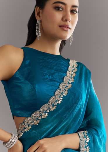 Peacock Blue Satin Saree With Gota Patti Embroidery And Scallop Border