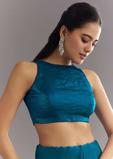Peacock Blue Satin Saree With Gota Patti Embroidery And Scallop Border