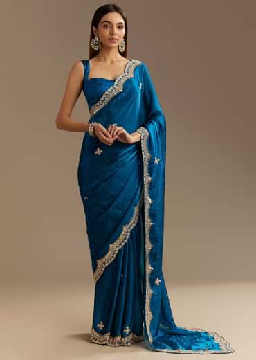 Peacock Blue Satin Saree With Gotapatti Zardosi Stones And Cutdana Embroidery