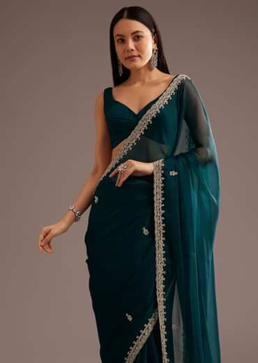 Peacock Green Organza Saree With Cutdana And Sequins Border