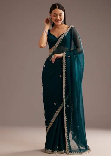 Peacock Green Organza Saree With Cutdana And Sequins Border