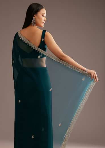 Peacock Green Organza Saree With Cutdana And Sequins Border