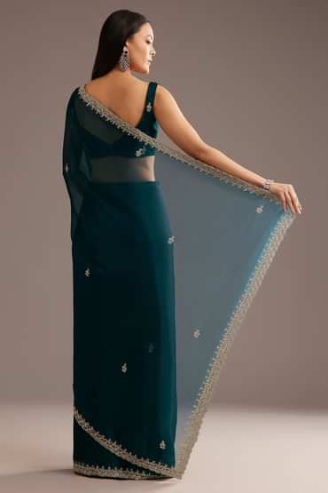 Peacock Green Organza Saree With Cutdana And Sequins Border