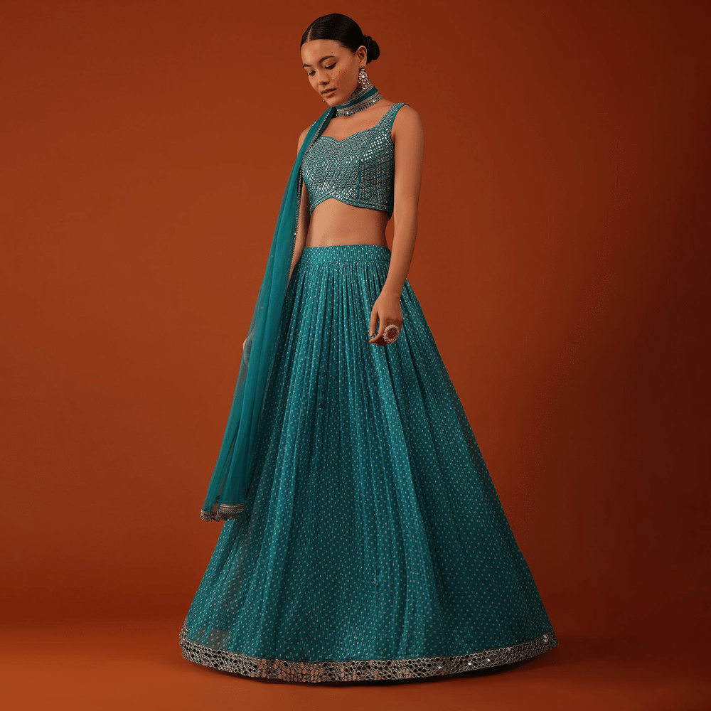Peacock Blue Bandhani Printed Lehenga And Blouse Set In Georgette