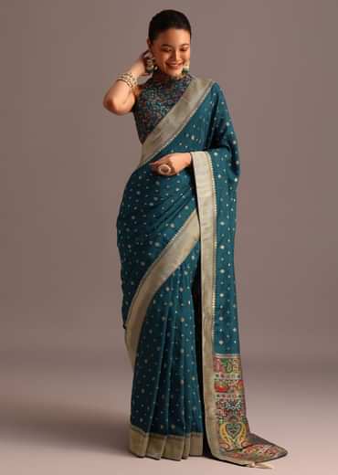 Peacock Blue Dola Silk Bandhani Saree With Meenakari Border Pallu And Unstitched Blouse