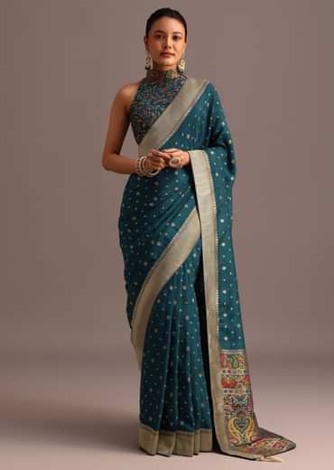 Peacock Blue Dola Silk Bandhani Saree With Meenakari Border Pallu And Unstitched Blouse