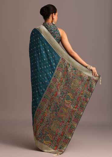 Peacock Blue Dola Silk Bandhani Saree With Meenakari Border Pallu And Unstitched Blouse