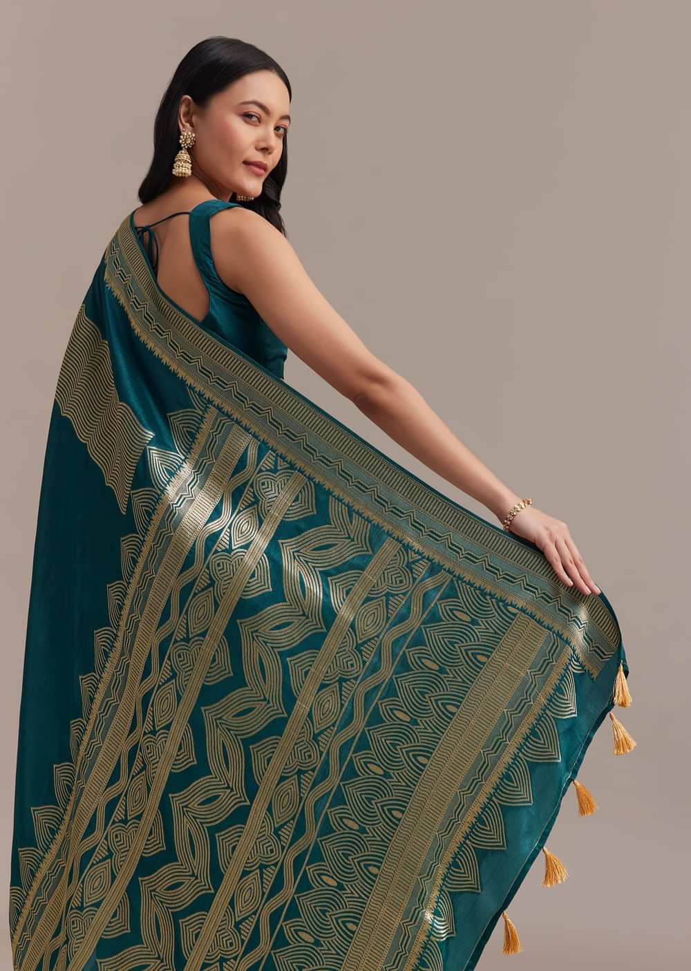 Peacock Blue Dola Silk Saree With All Over Zari Weaving
