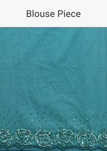 Peacock Blue Embroidered Saree With Unstitched Blouse