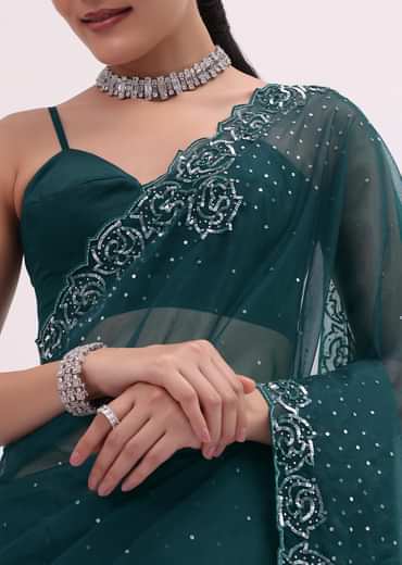 Peacock Blue Embroidered Saree With Unstitched Blouse