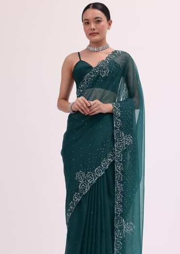 Peacock Blue Embroidered Saree With Unstitched Blouse