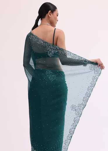Peacock Blue Embroidered Saree With Unstitched Blouse