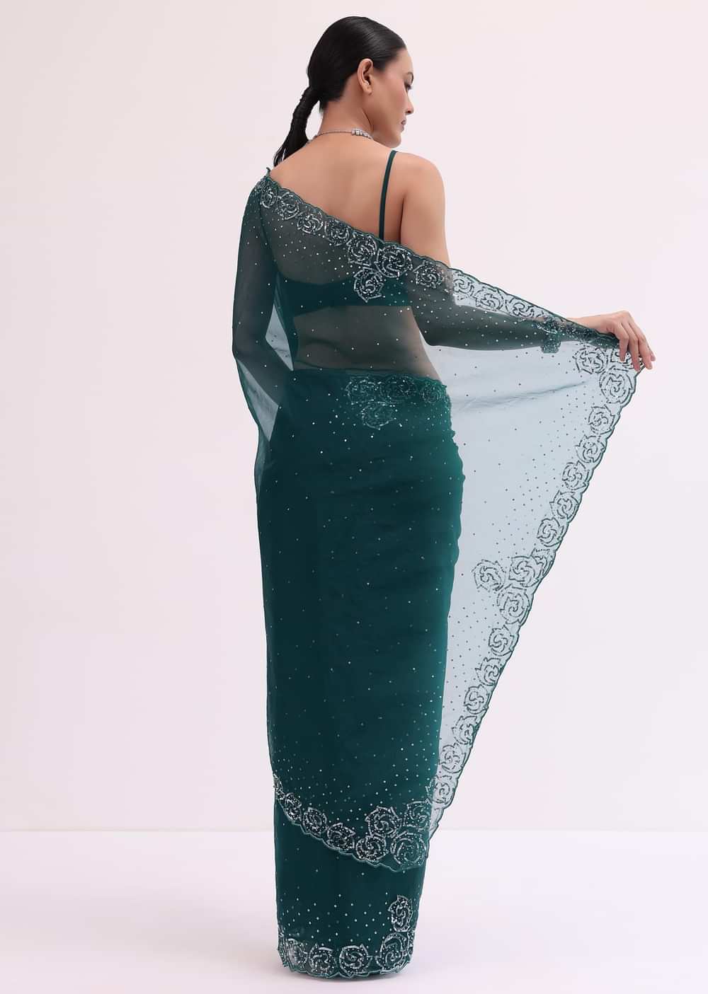 Peacock Blue Embroidered Saree With Unstitched Blouse
