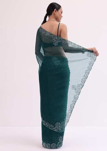 Peacock Blue Embroidered Saree With Unstitched Blouse