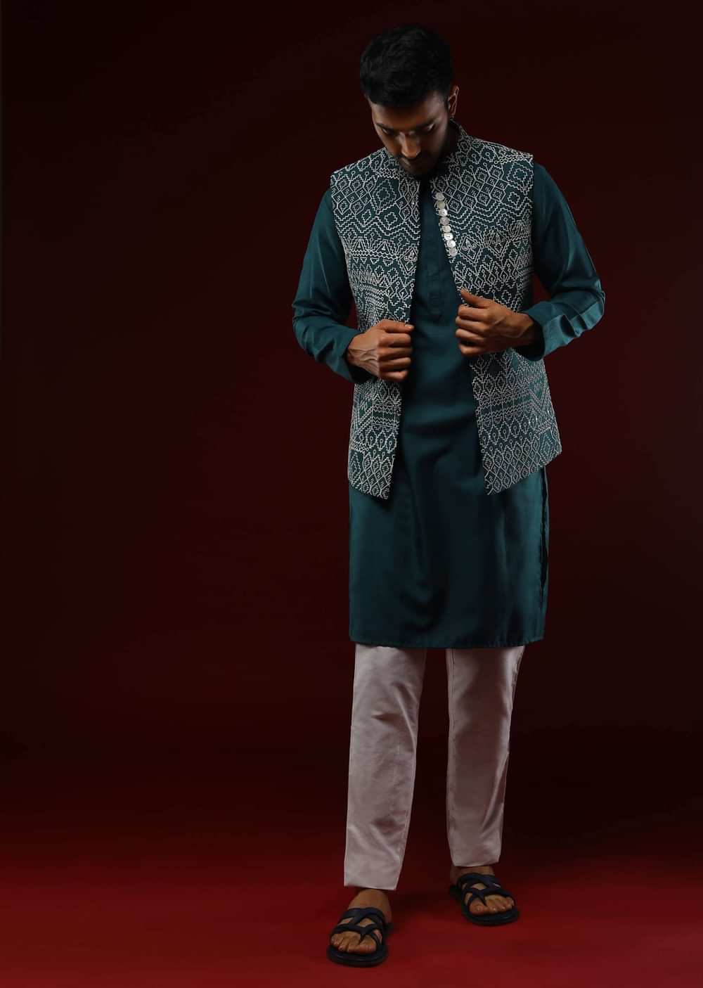Peacock Blue Nehru Jacket Set With Cream Resham Embroidered Ethnic Design All Over