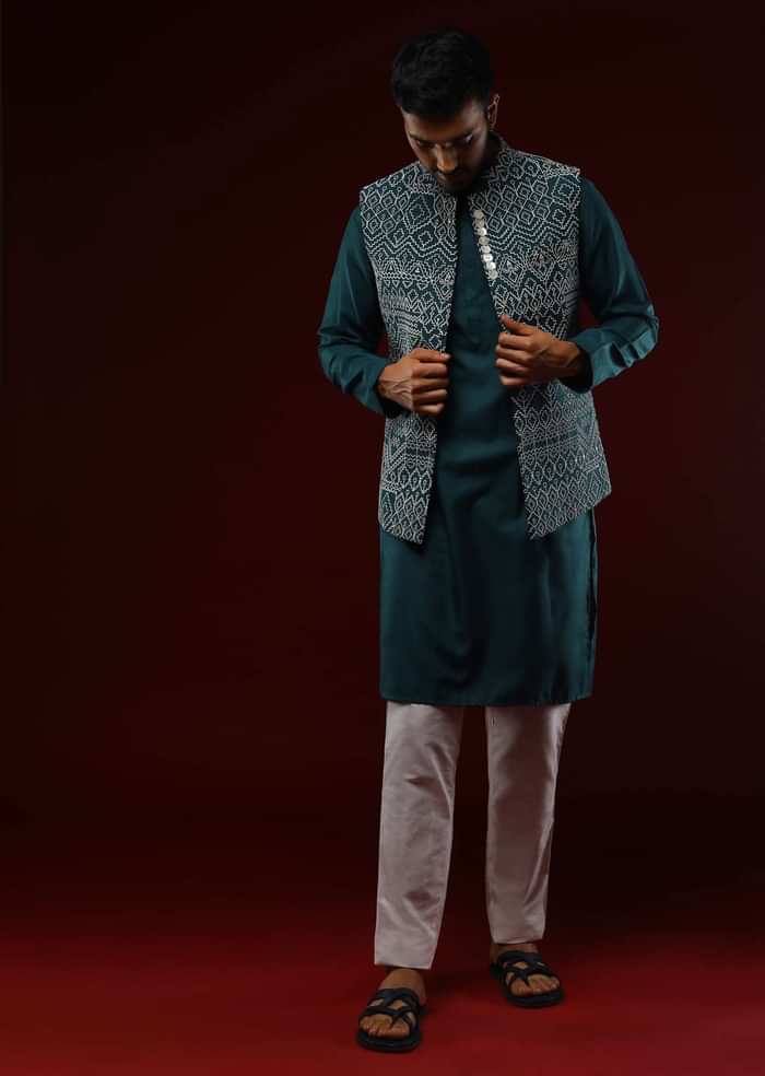 Peacock Blue Nehru Jacket Set With Cream Resham Embroidered Ethnic Design All Over