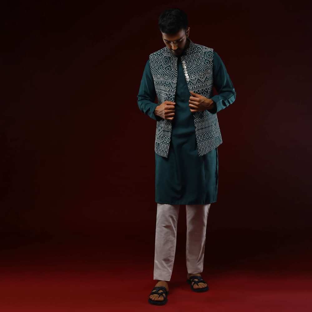 Peacock Blue Nehru Jacket Set With Cream Resham Embroidered Ethnic Design All Over