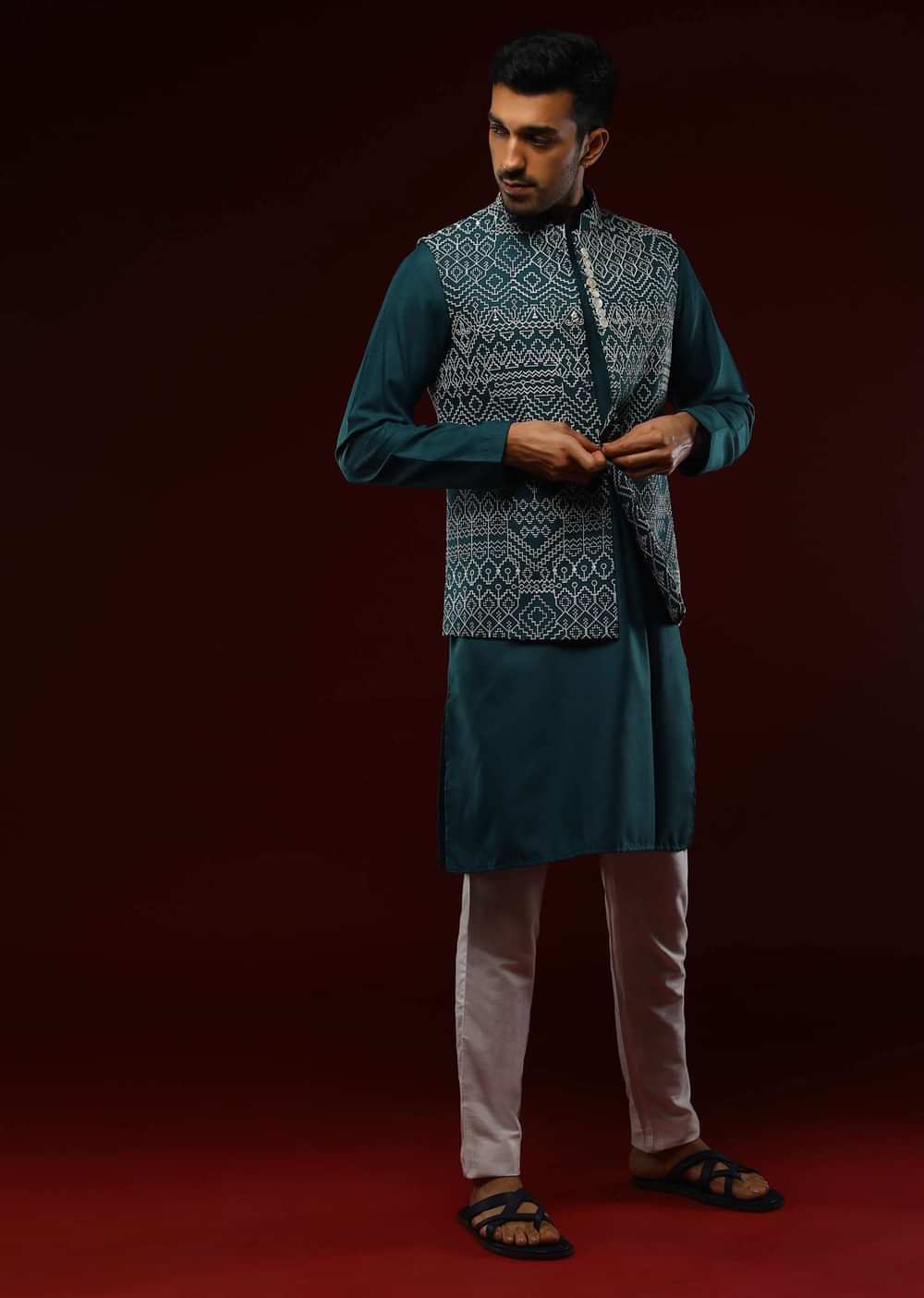 Peacock Blue Nehru Jacket Set With Cream Resham Embroidered Ethnic Design All Over