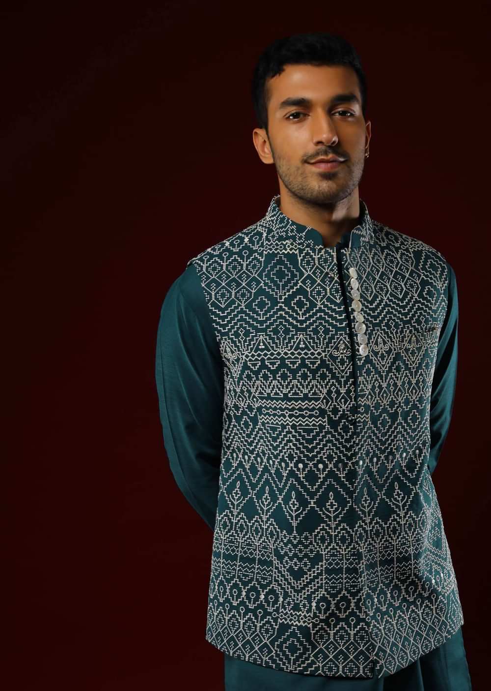 Peacock Blue Nehru Jacket Set With Cream Resham Embroidered Ethnic Design All Over