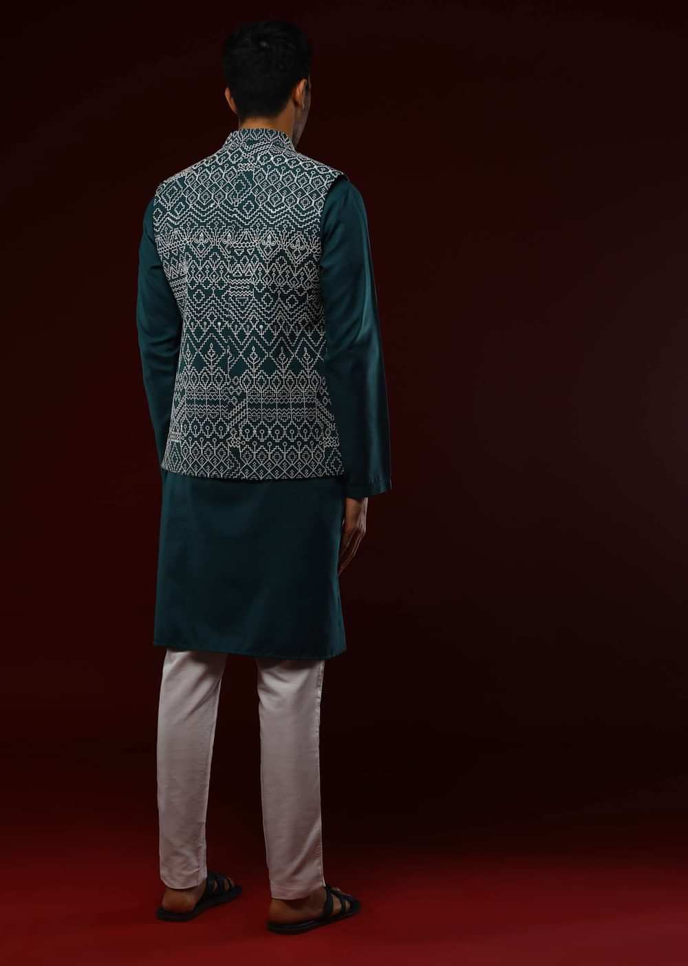Peacock Blue Nehru Jacket Set With Cream Resham Embroidered Ethnic Design All Over